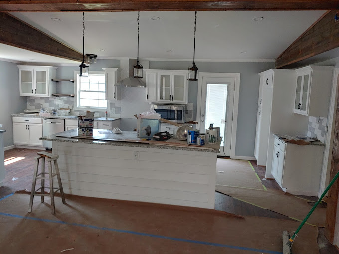 A kitchen with a lot of counter space in it